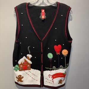 Hansel & Gretel Stylish Christmas Wonderland Sweater Vest Gingerbread House Sz L